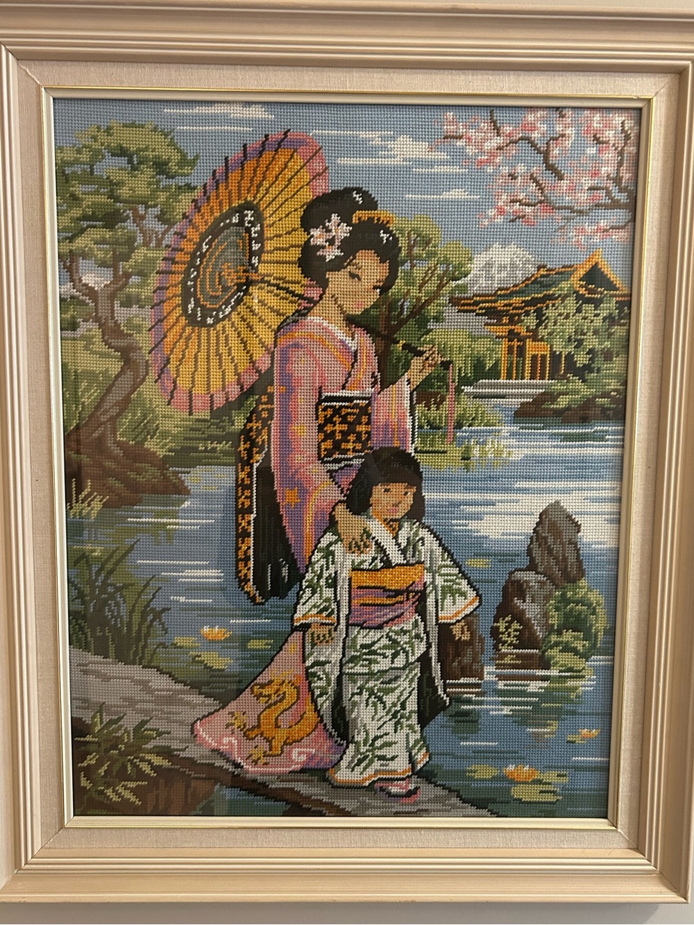 Vintage Framed Japanese Geisha Needlewor – Large Handmade Decor - Picture 4 of 12